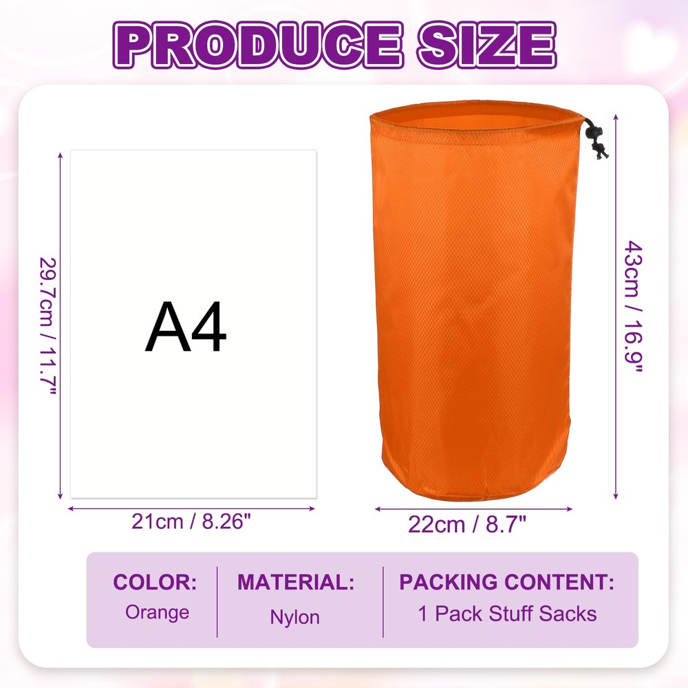Stuff Sack, Nylon Waterproof Storage Sacks, 9x17Inch (Orange)