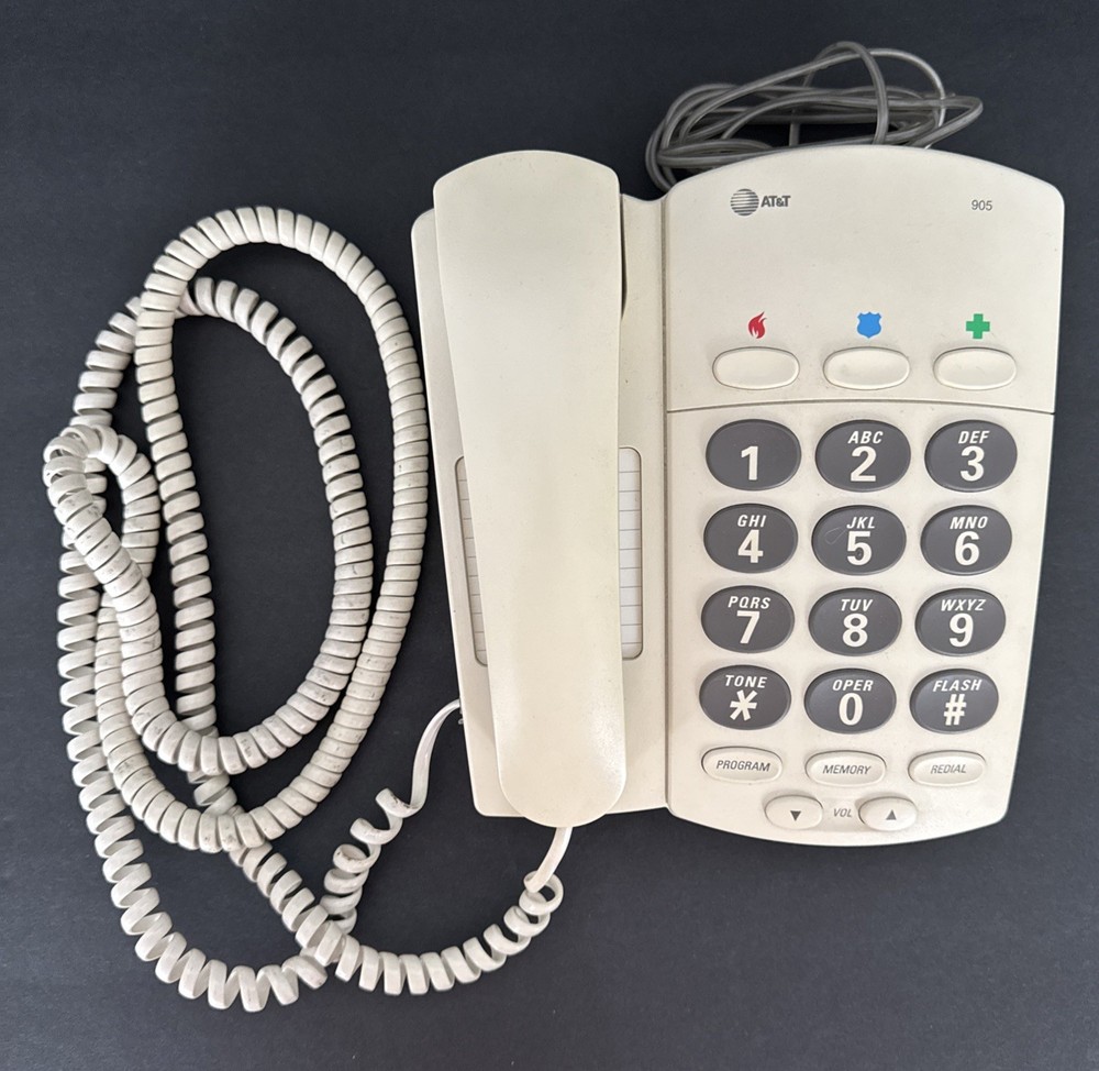 AT&T Large Push Button Phone Model 905 Memory Dial Extra Long Cord Vintage