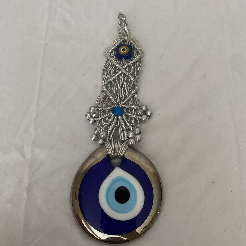 Evil Eye with Silver Macrame Wall Hanging for Bad Luck Protection