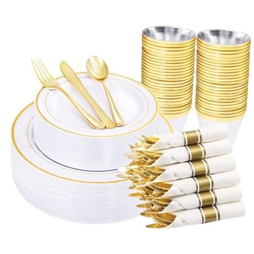 210 Piece Plastic Dinnerware Set, Include: 30 Dinner Gold 210PCS（30 Guests）
