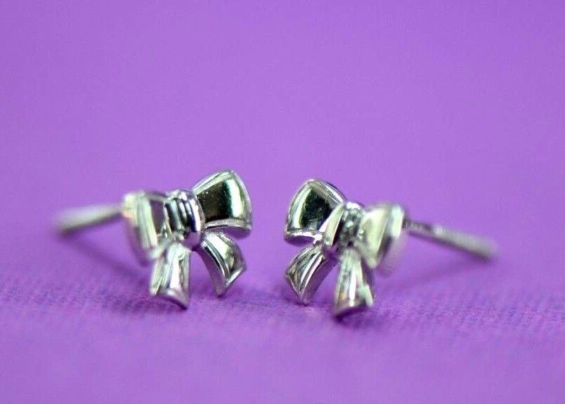 14k solid white yellow gold bow tie stud earrings cz