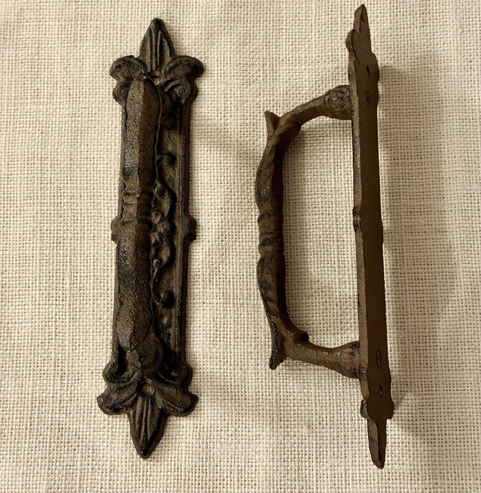 2 Large Victorian Door Handle Pull Cast Iron Fleur De Lis Design Rustic Gothic