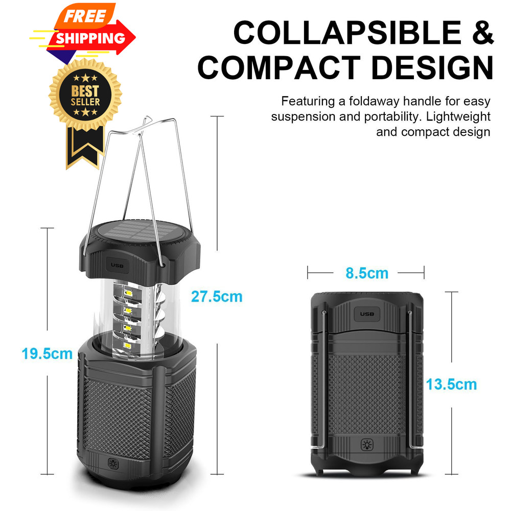 Camping Lantern 5000mAh Solar Hand Crank Telescopic LED Flashlight USB Black