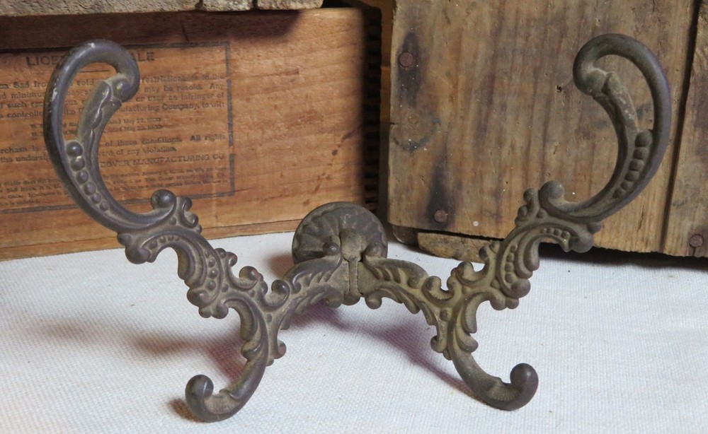 ORNATE Antique DOUBLE Cast Iron Victorian Hall Tree Coat Hat Hook #3