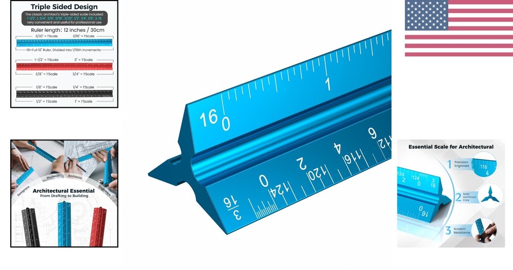 12-Inch Triangular Architect Scale Ruler - Durable Aluminum Measuring Tool