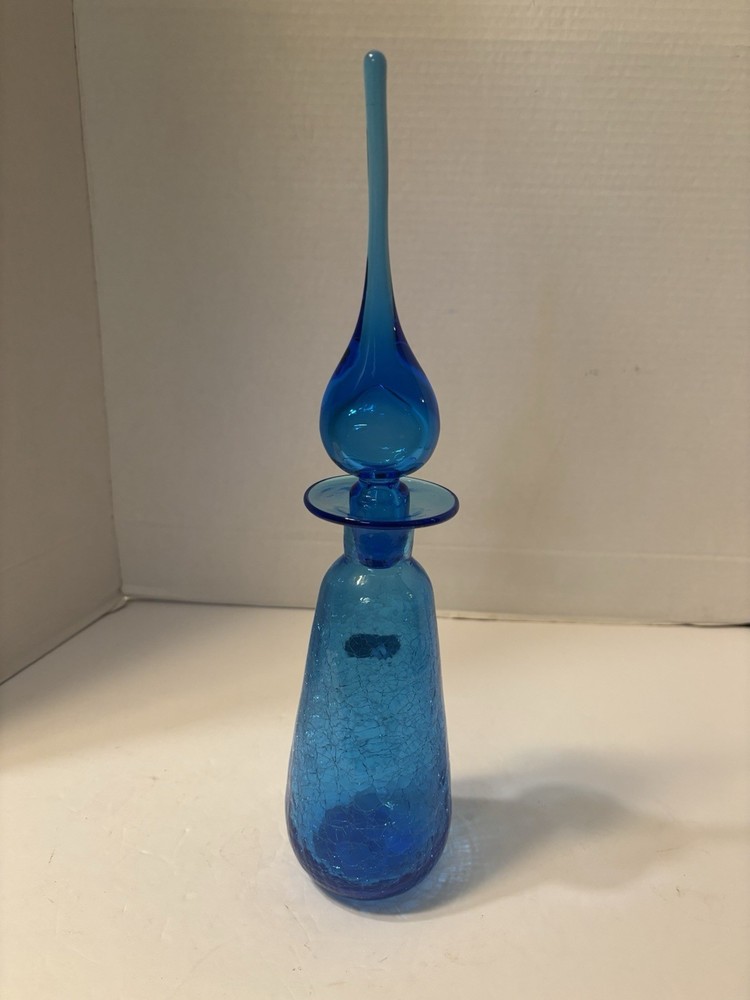 RAINBOW BLUE CRACKLE GLASS DECANTER 14" TALL