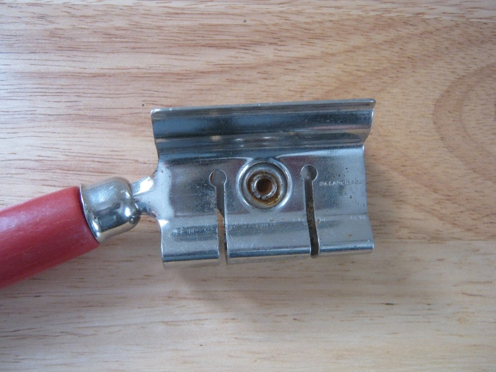Vintage EKCO A&J Pull-Through Kitchen Knife Sharpener with Red Wooden Handle