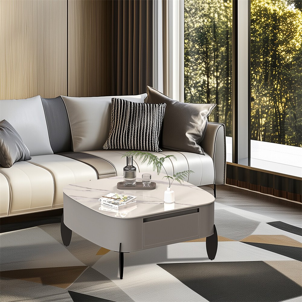 Square Marble Coffee Table Microfiber Saddle Leather Center Table with 2 Drawers