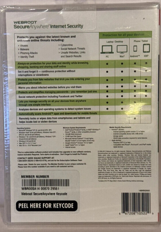 WEBROOT Secure Anywhere Internet Security, 3 Devices Antivirus Mobile PC Mac