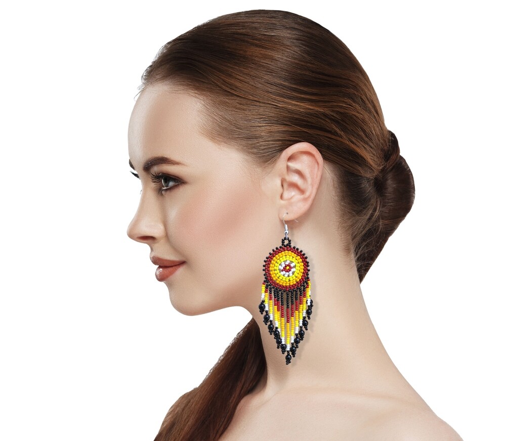 Handmade Beaded Black Medallion Seed Bead Big Native Style Earrings