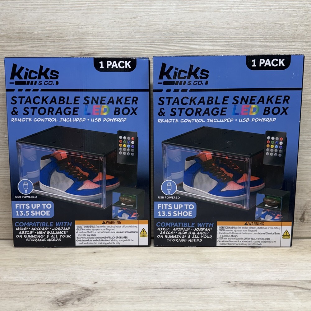 2 Pack Kicks & Co. Stackable LED Sneaker Storage Boxes Display Case USB Powered