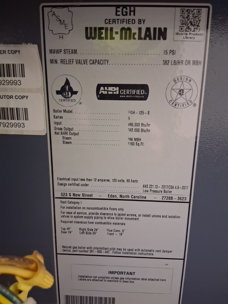 382k BTU (11.5 HP) steam boiler - Weil McLain - lightly used (new in 2022)