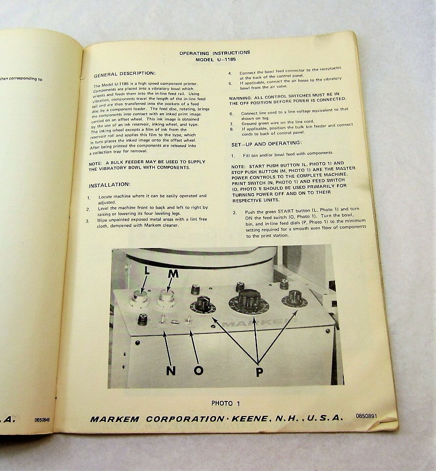 Markem Machine Manual Model U-1185