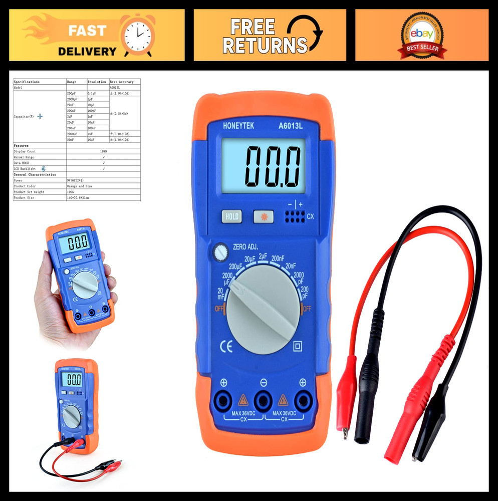 Capacitance Meter Tester - Digital Capacitor Measurement Tool, LCD Display, Accu