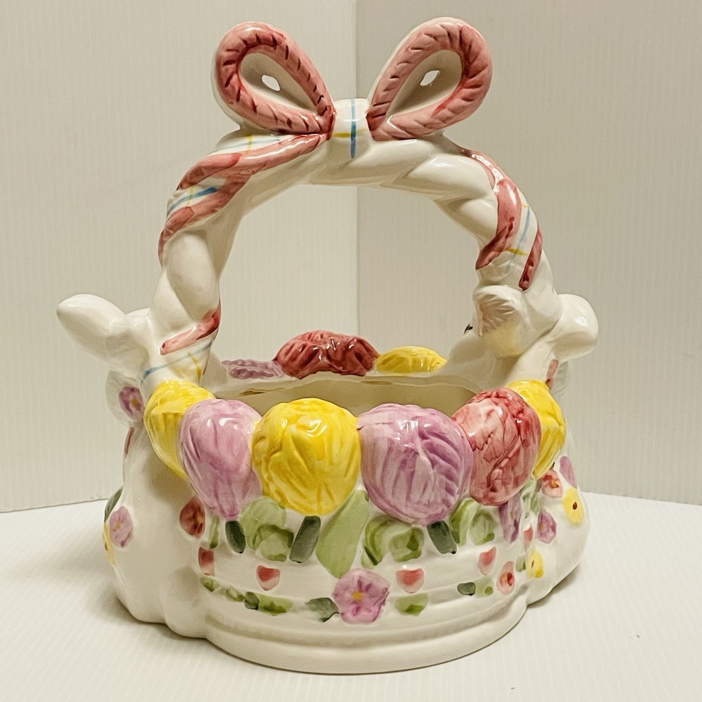 Ceramic Easter Egg Basket with Bow Handle Spring Bouquet and 2 Bunnies/Rabbits.