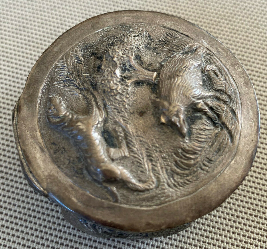 Antique Repousse Silverwork Trinket Patch Box Animals Trees Round Handmade