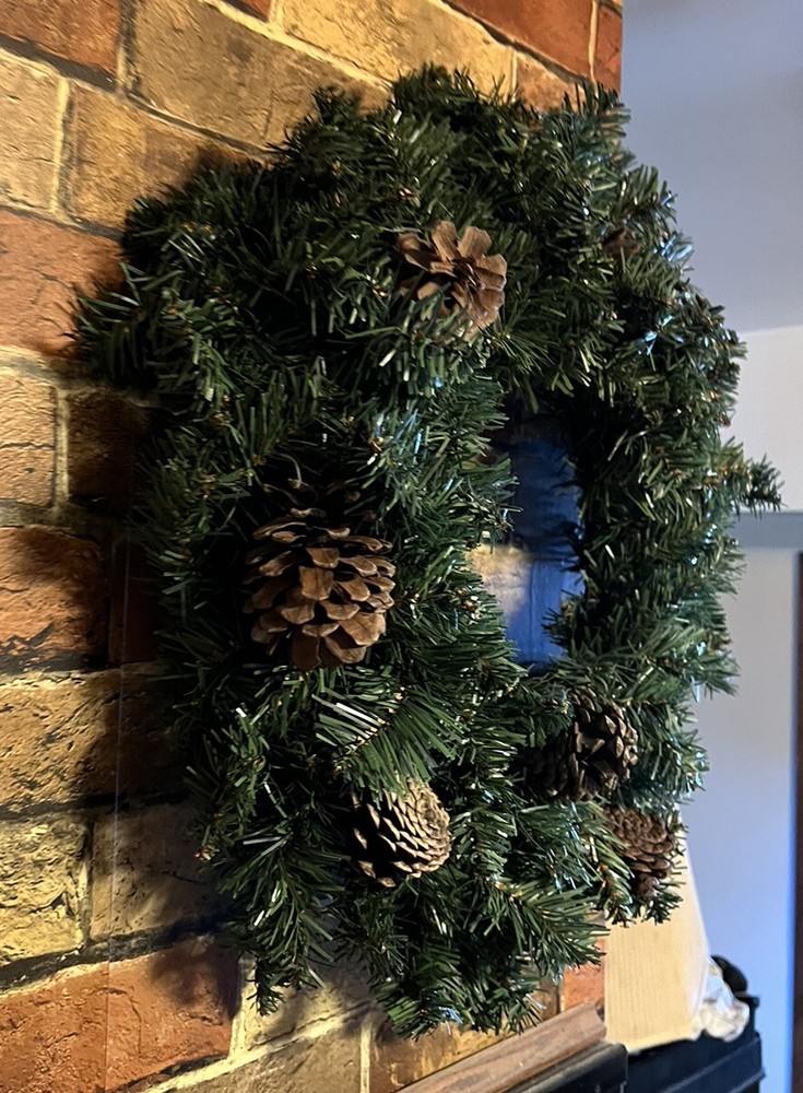 Artificial CHRISTMAS WREATH With PINE CONES 20” Across Front, 5” Deep Pre-Owned