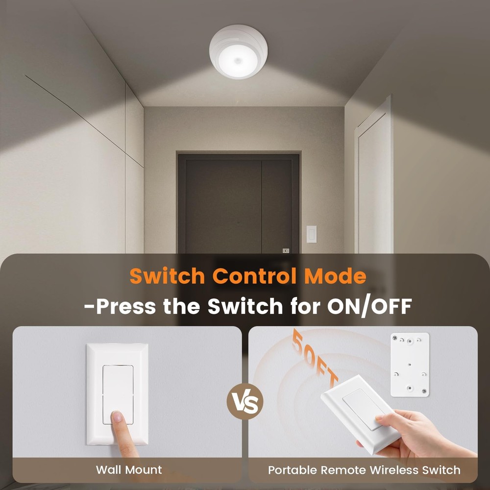 SURAIELEC Battery Ceiling Light with Wall Switch, Operated, White