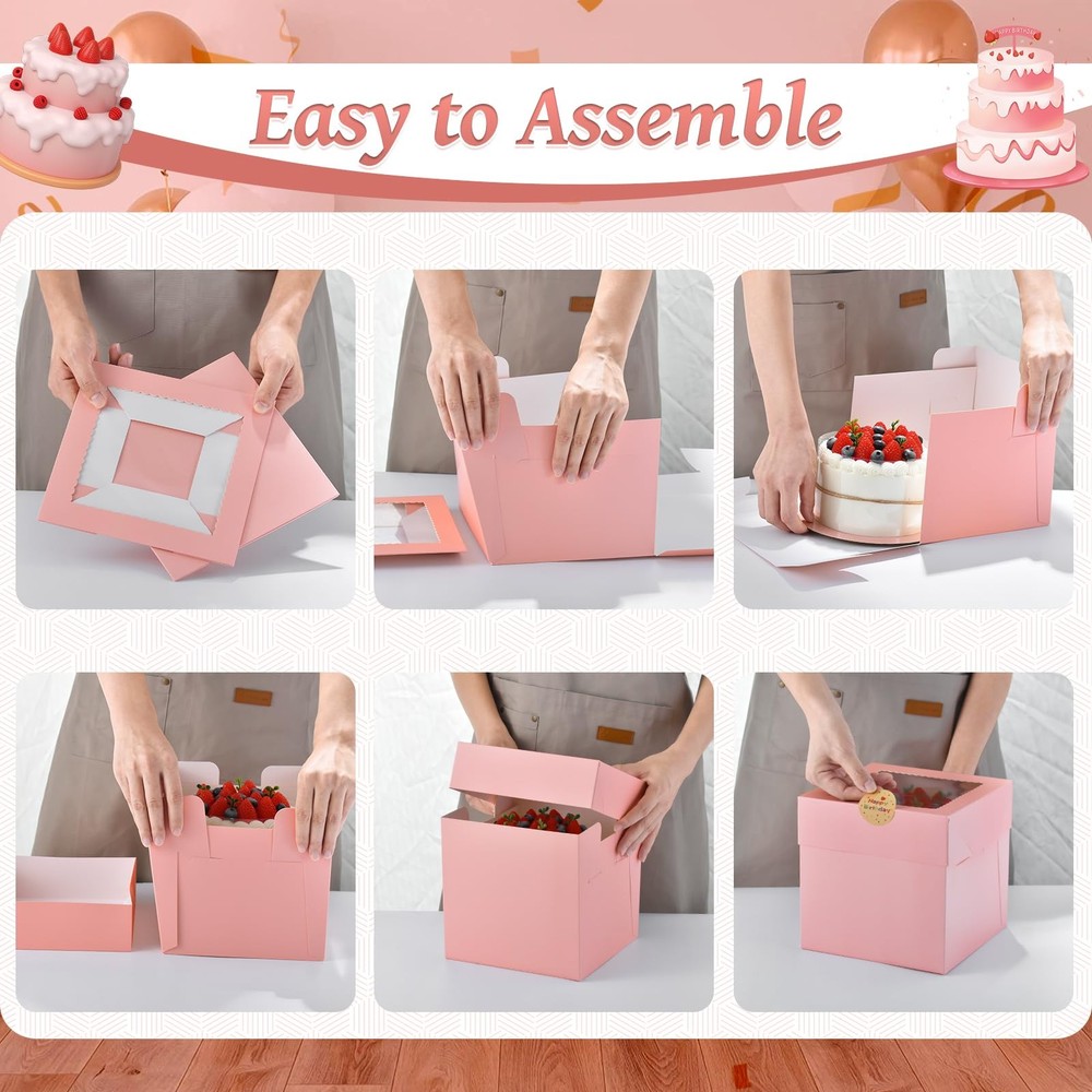 12 PCS 6x6x6 Inch Small Cake Boxes Pink Square Bakery Window For Pastries
