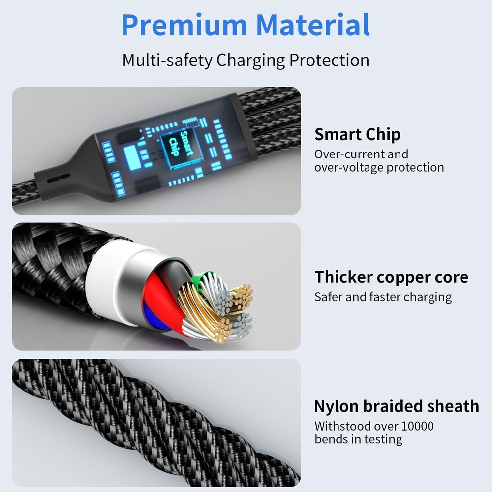 Travel Essentials,Dual Type-C 3 in 1 Multi Charging Cable, 4 FT 4FT, Black