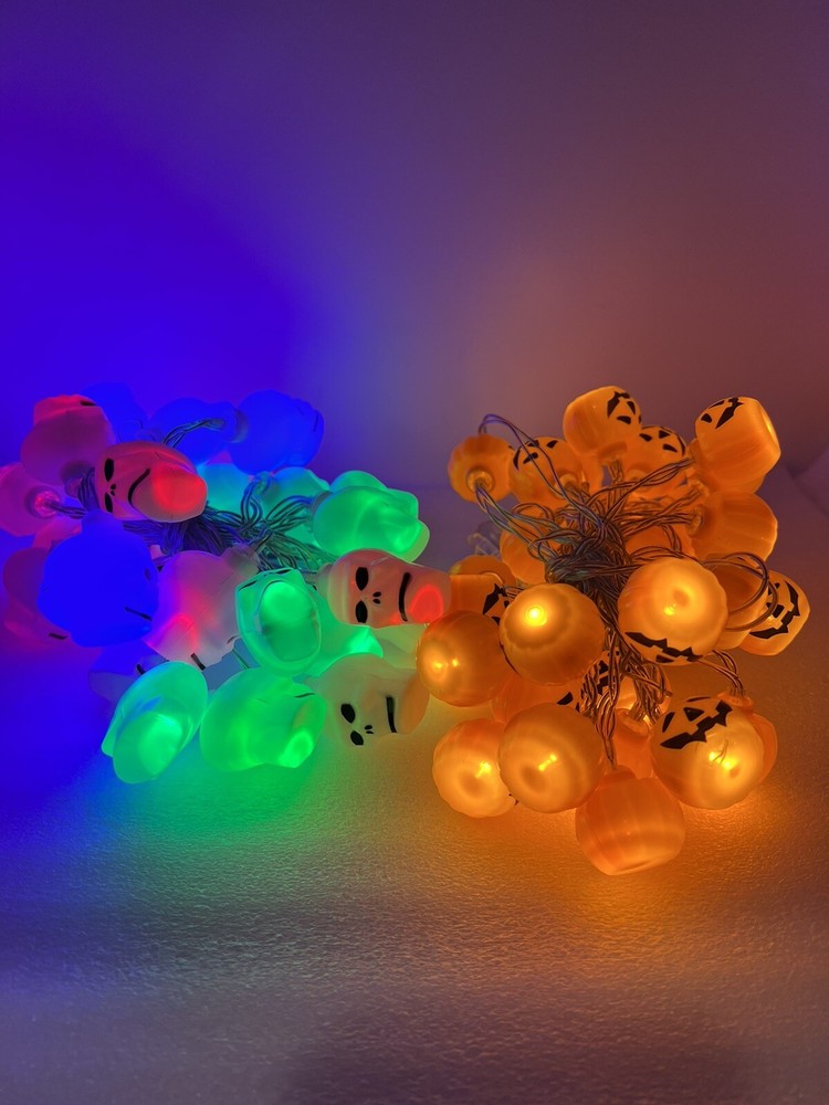 Halloween String Light Set Of 2 White Skeleton Orange Pumpkin Each String 30 LED