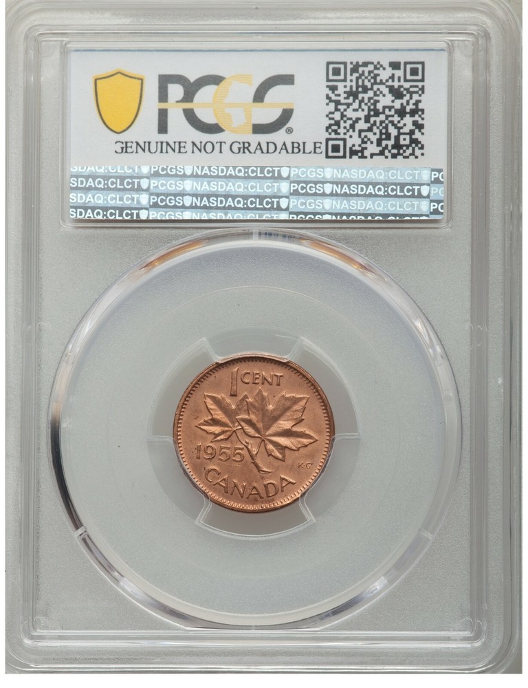 ERROR. 1955 Canada 1 Cent No Strap (NSF) PCGS Genuine Cleaned-UNC Detail