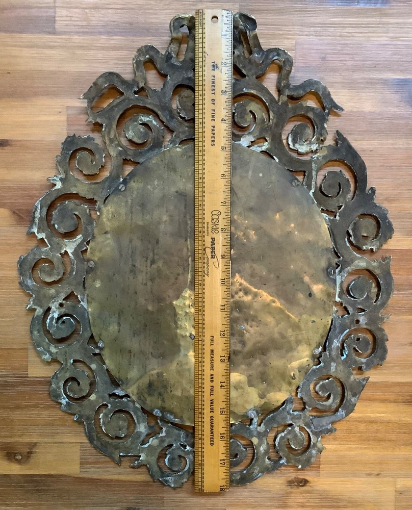 Ornate Victorian Solid Brass Oval Wall Mirror Bow & Laurel Rosettes 18” x 14.5”