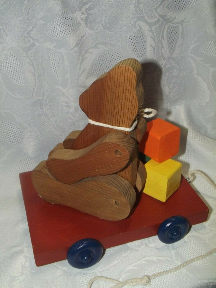 Vintage Handmade Wooden Bear Pull Toy Decor
