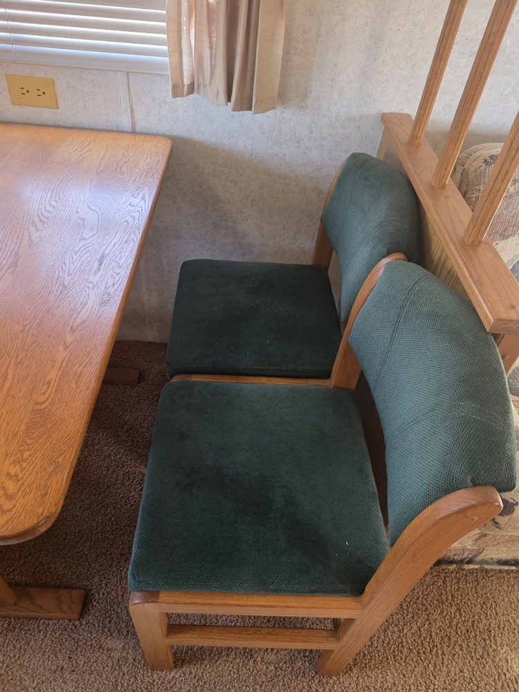 Light Brown Wood Dining Table Set with 4 Green Upholstered Chairs, Rectangular