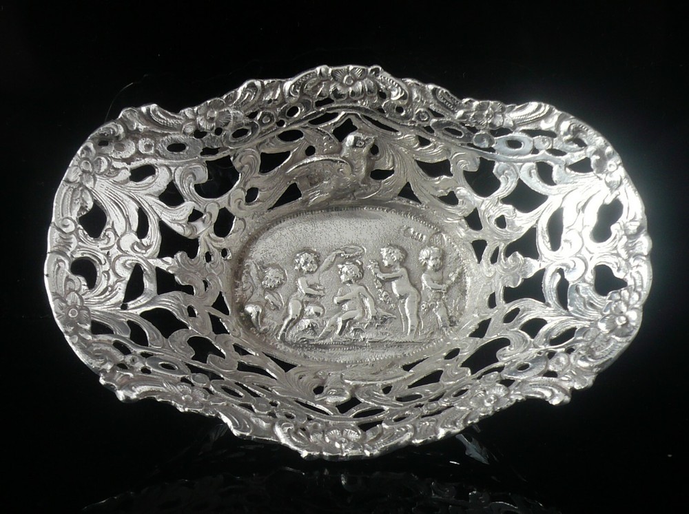 Antique Hanau Silver Openwork Cherub & Birds Dish c.1890