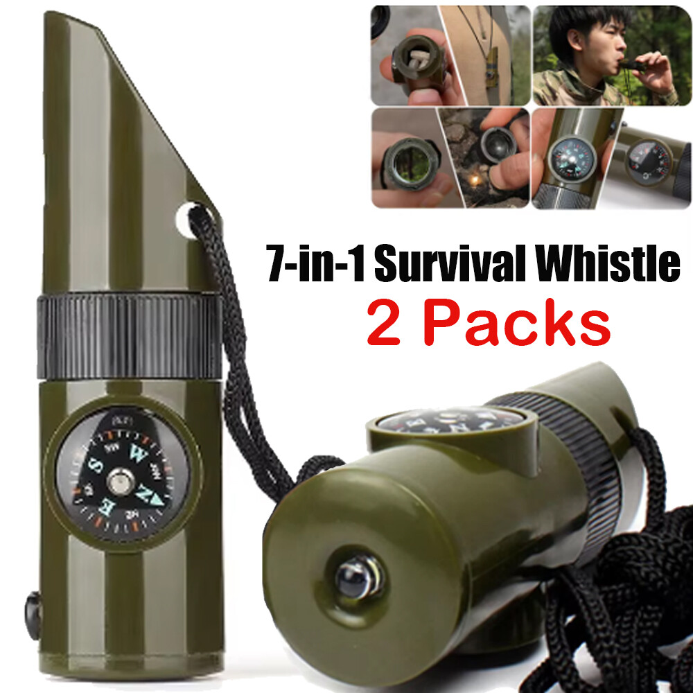 2x 7 In1 Emergency Survival Whistle Compass Thermometer LED Flashlight Magnifier
