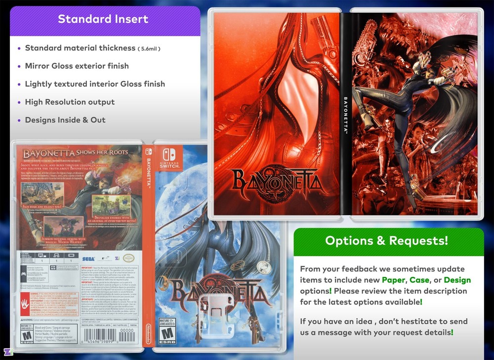Bayonetta REVERSIBLE COVER ART: Replacement Insert / Case for Nintendo Switch