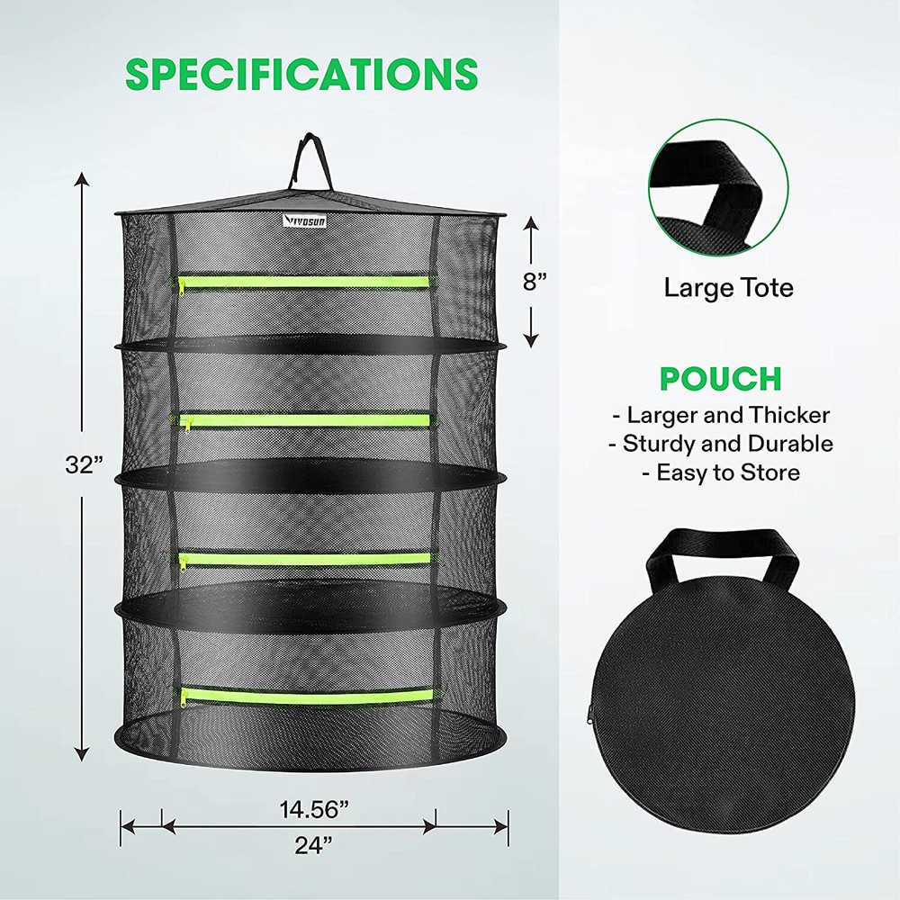 2ft 4-Layer Hanging Herb Mesh Rack Foldable Drying Net with Zippers