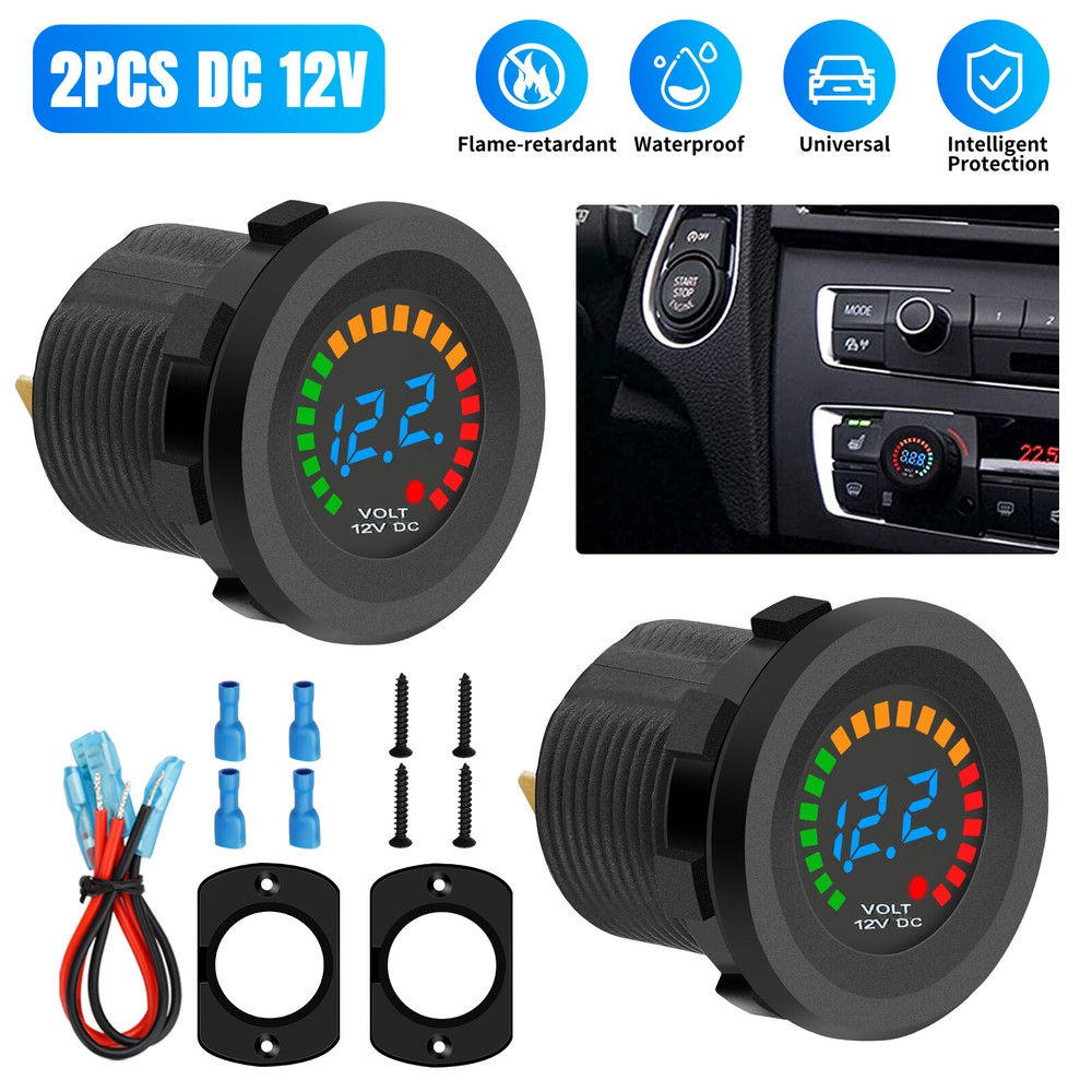 2Pcs DC 12V Car Voltmeter LED Digital Display Panel Voltage Gauge with Terminals