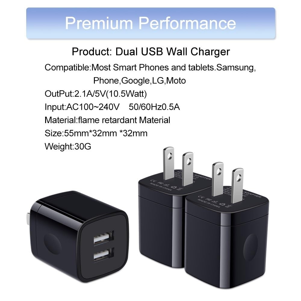 USB Wall Charger Box, 3Pack 2.1A Dual USB Charging Block Brick Cube Power Ada
