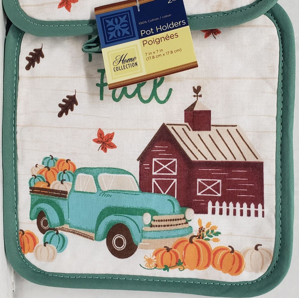 2 Same Printed Kitchen Potholders,HARVEST,AQUA TRUCK WITH PUMPKINS,HELLO FALL,GR