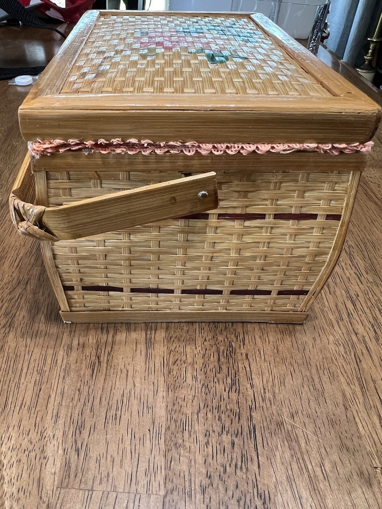 Vintage Wicker Tan Sewing Basket with Handle Painted Lid Lined