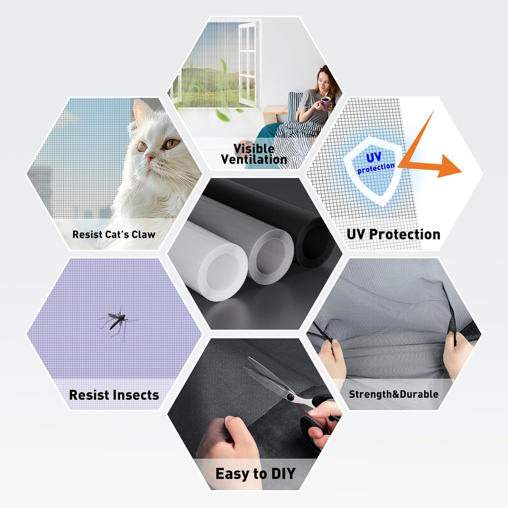 Window Screen Replacement Mesh 48"W X 99"L - DIY Adjustable Polyester Pet Proof