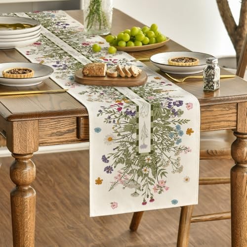 Vintage Wildflowers Daisy Spring Table 13" x 72", Table Runner Beige