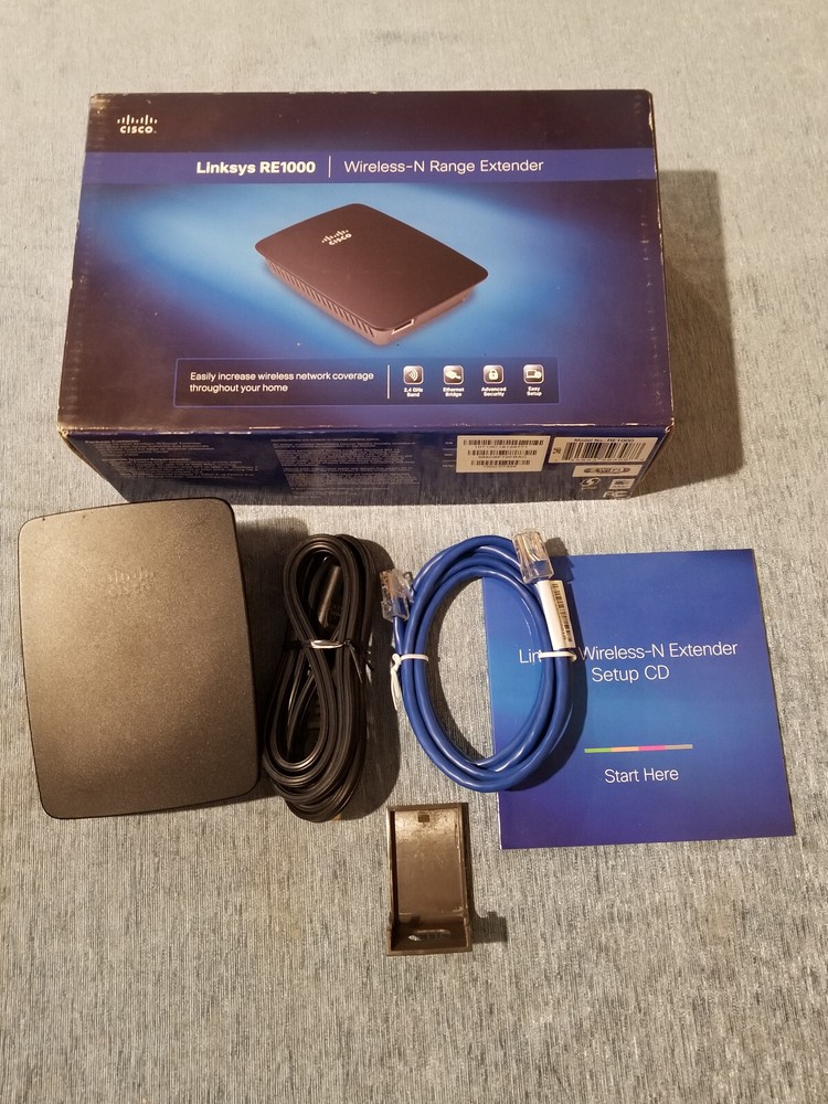 Cisco Linksys Wireless-N Range Extender RE1000 Original Device Box Cables Manual