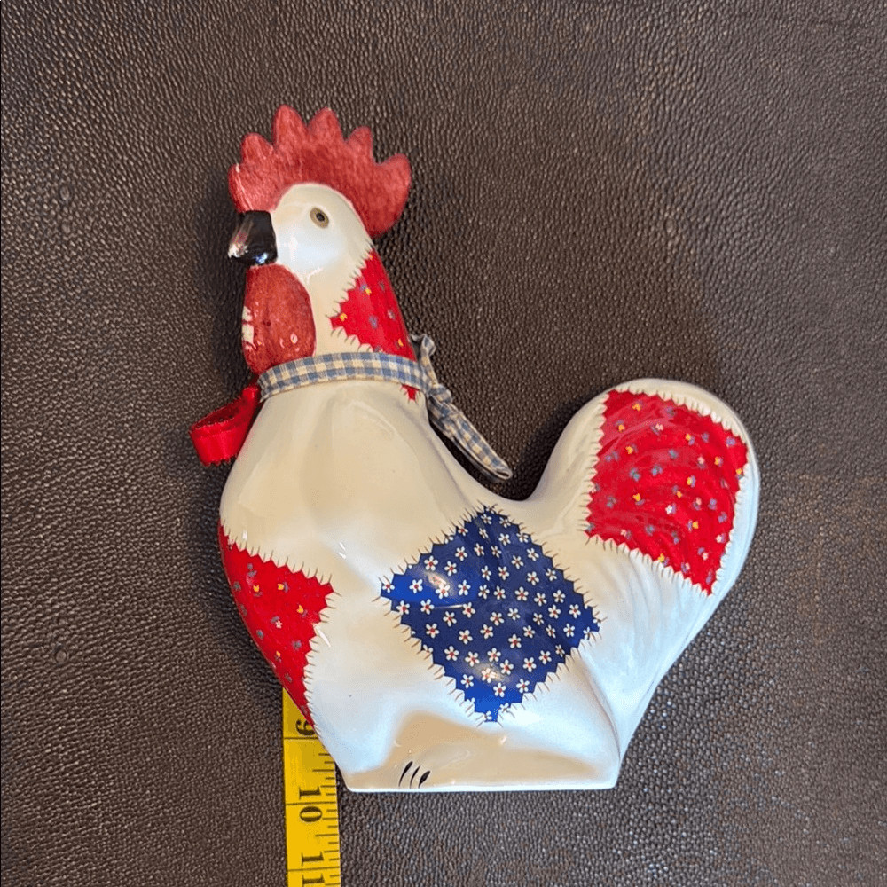 Patchwork Rooster Figurine - Red, Blue, and White Ceramic