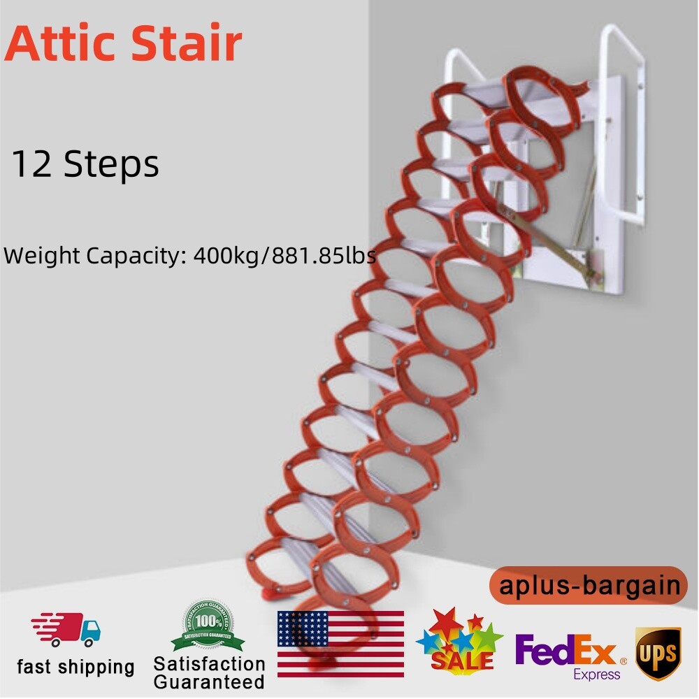 Attic Ladder Loft Stairs 12 Steps Ladder Folding Pull Down Stairs Wall Mounted