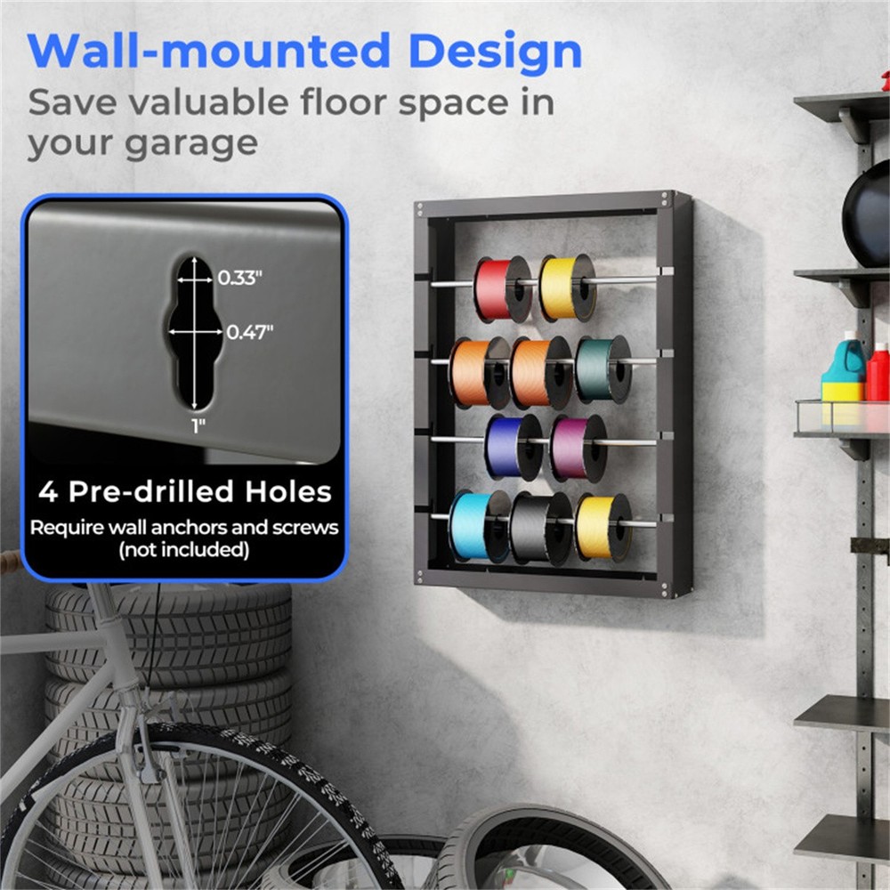 4-Rod Galvanized Metal Wire Spool Rack - Rustproof 65lbs/Rod, Wall-Mounted