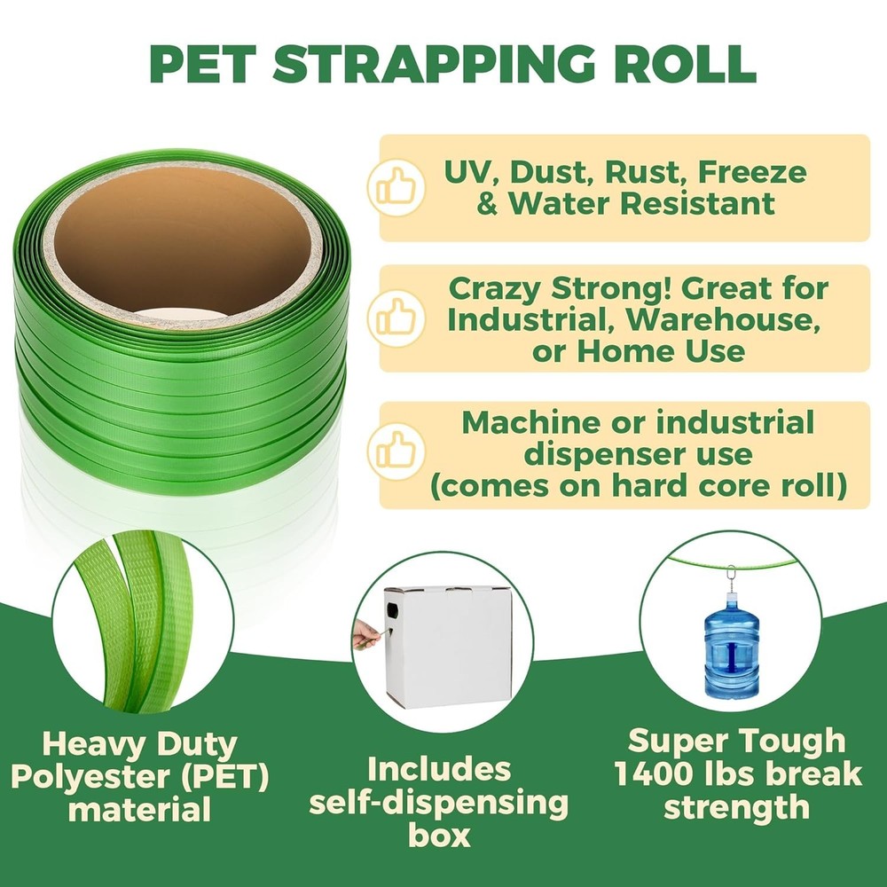 Industrial-Grade Green Polyester Strapping Roll – 500 ft, Rust & Water Resistant