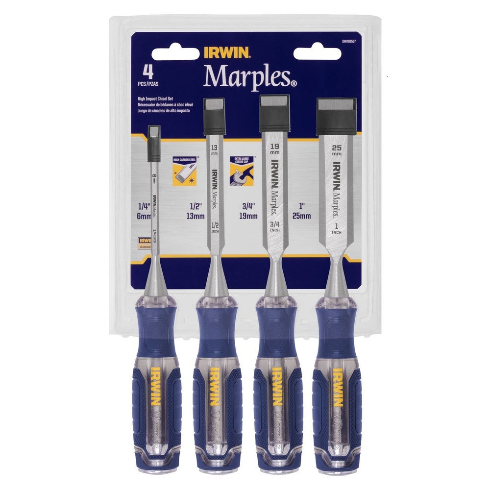 IRWIN Marples Wood Chisel Set, 4-Pack, Extra-Long Strike Cap, Durable