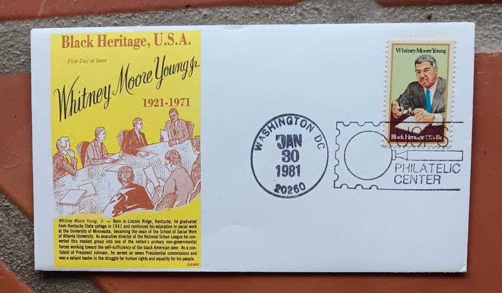 WHITNEY MOORE YOUNG BLACK HERITAGE  GAMM  CACHET FDC 1981 UNOF FD CANCEL  UNADDR