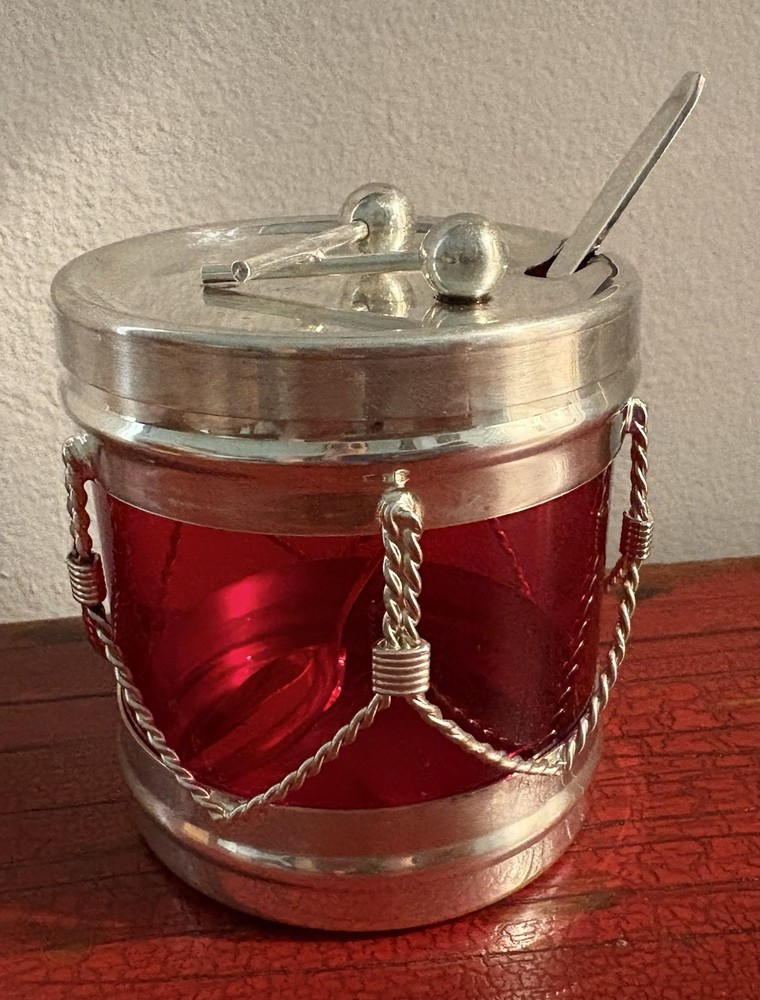FB Rogers Silver Plate Snare Drum Condiment Red Jar