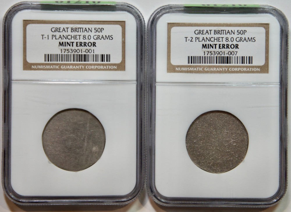 Great Britain 50 Pence Type 1 and Type 2 Blanks 8.0 Grams Each – NGC Mint Errors