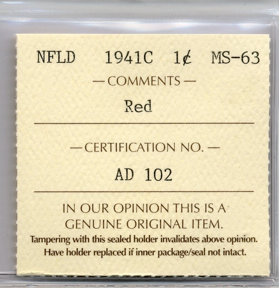 1941C Newfoundland 1 Cent, Red - Choice Uncirculated, ICCS MS63