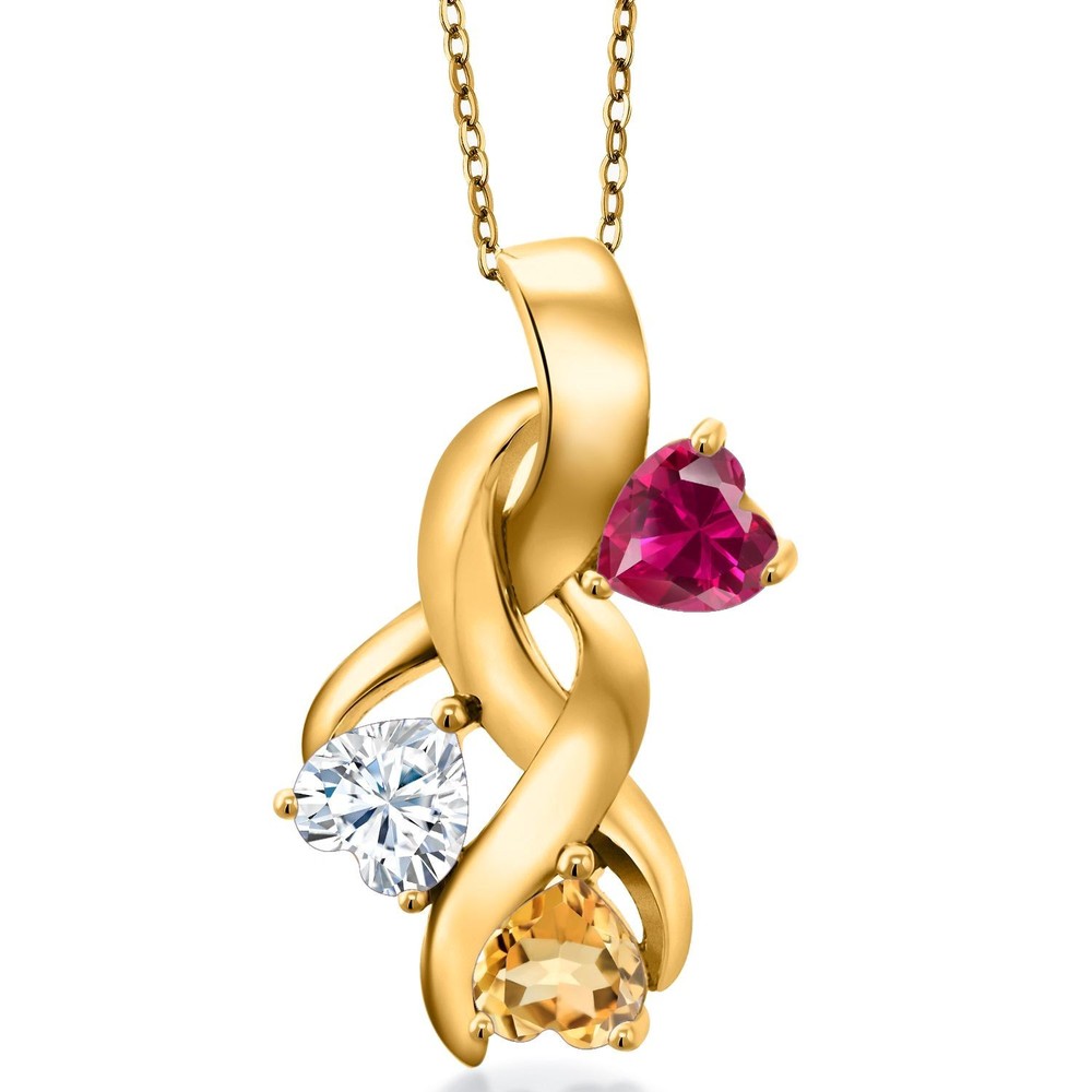 18K Yellow Gold Plated Silver Created Ruby and White Moissanite and Citrine